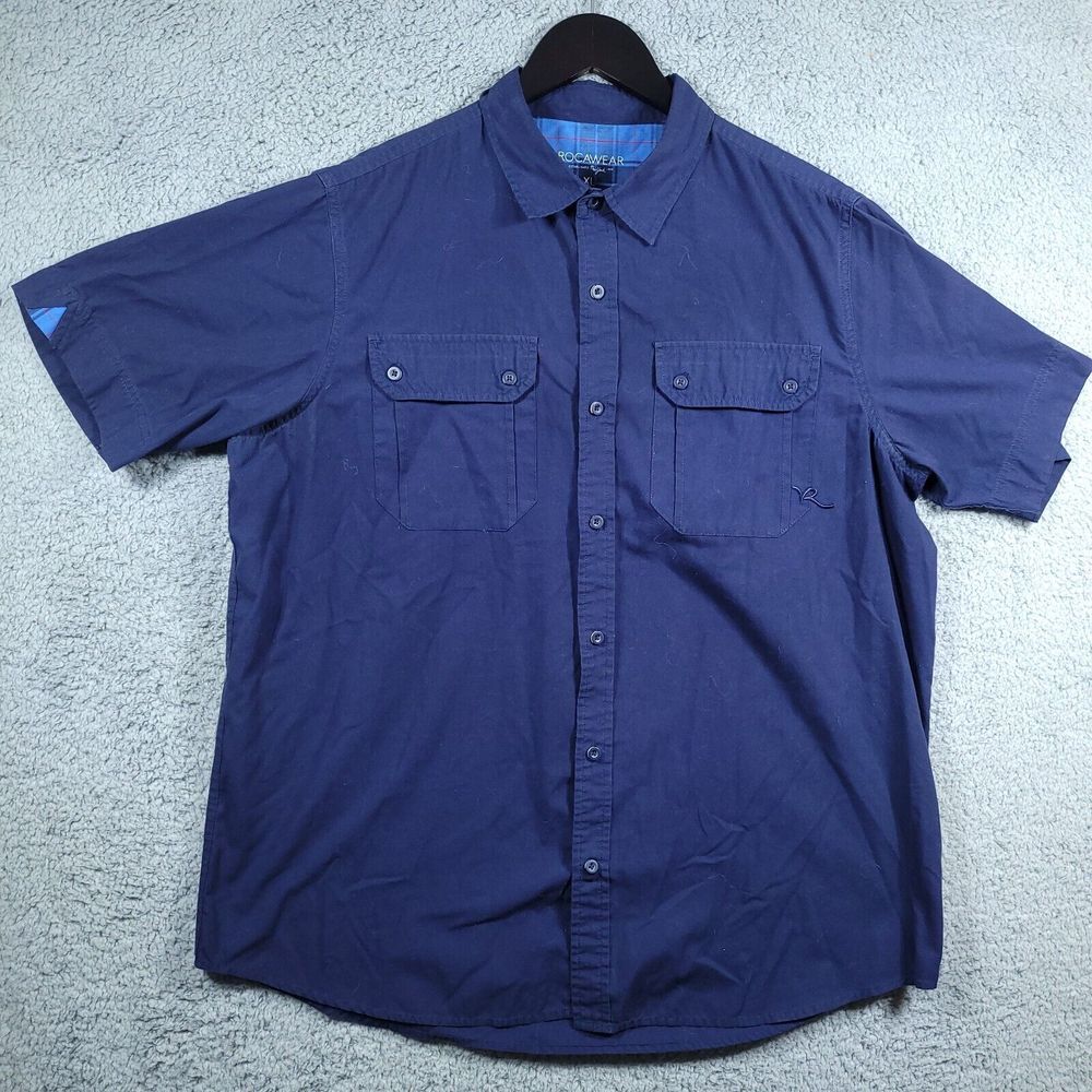 VINTAGE Rocawear Shirt Mens XL Blue Short Sleeve Button Up‎ Hip Hop Y2K